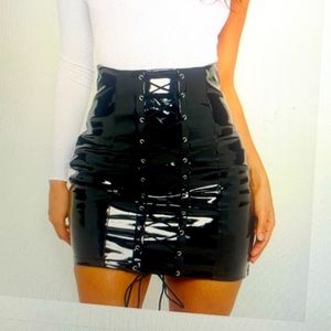 Black Vinyl Tie Up Skirt PLT